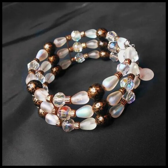 Retro Crystal Aurora Frosted Glass Wide Bangle Bracelet, One of a Kind – Bridal - Picture 2 of 10